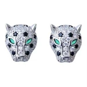 Panthere Emerald Green Eyes Silver Crystal Earrings